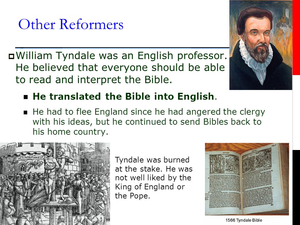 Other Reformers  Following in the footsteps of Martin Luther, other reformers broke away from the Catholic Church to form churches of their own.