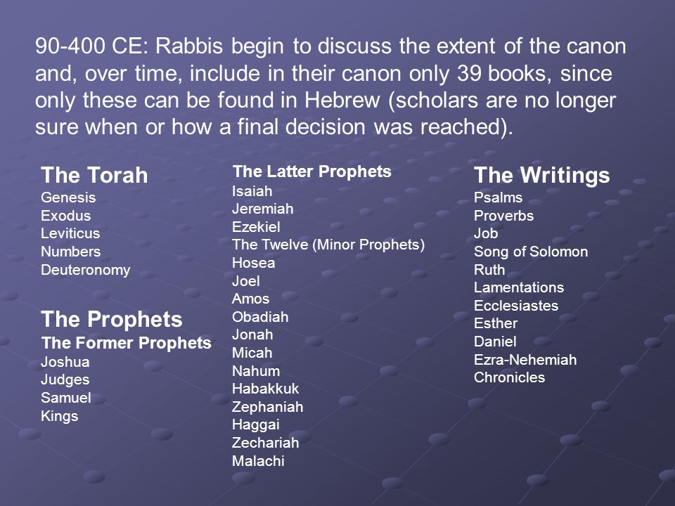 CE: Rabbis begin to discuss the extent of the canon and, over time, include in their canon only 39 books, since only these can be found in Hebrew (scholars are no longer sure when or how a final decision was reached).