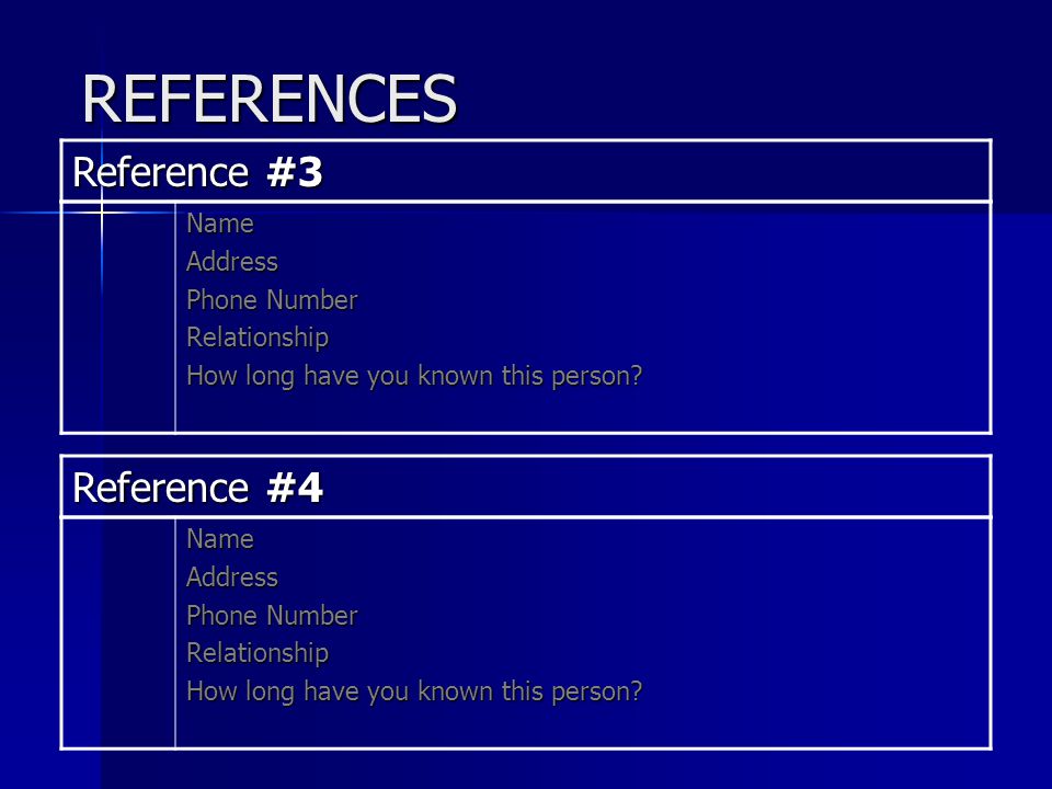 REFERENCES Reference #3 NameAddress Phone Number Relationship How long have you known this person.