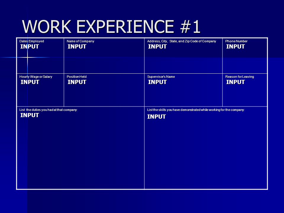 WORK EXPERIENCE #1 Dates Employed INPUT Name of Company INPUT Address, City, State, and Zip Code of Company INPUT Phone Number INPUT Hourly Wage or Salary INPUT INPUT Position Held INPUT Supervisor’s Name INPUT Reason for Leaving INPUT List the duties you had at that company: INPUT List the skills you have demonstrated while working for the company: INPUT