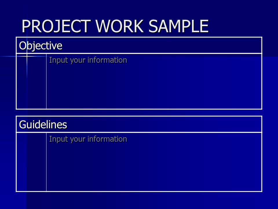 PROJECT WORK SAMPLE Objective Input your information Guidelines
