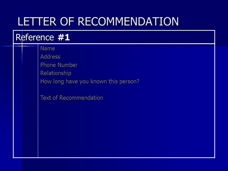 LETTER OF RECOMMENDATION Reference #1 NameAddress Phone Number Relationship How long have you known this person.