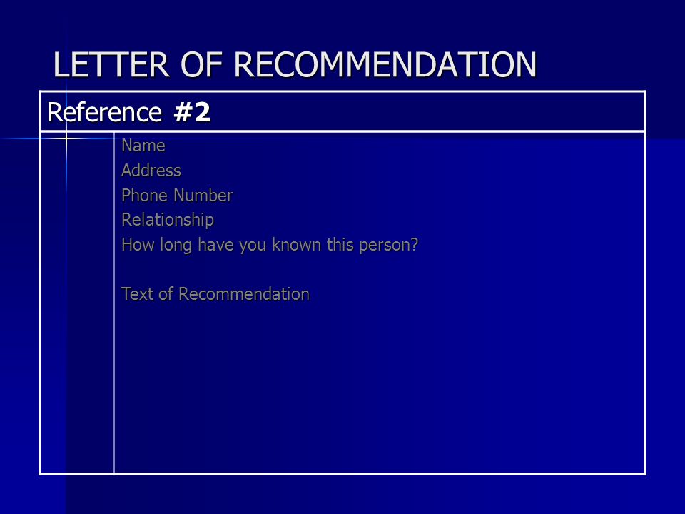 LETTER OF RECOMMENDATION Reference #2 NameAddress Phone Number Relationship How long have you known this person.
