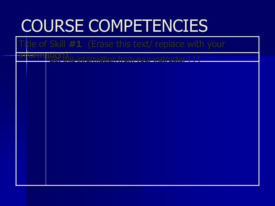 COURSE COMPETENCIES Title of Skill #1 (Erase this text/ replace with your information) Get this information from your instructor .