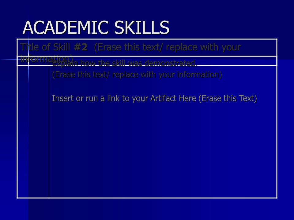 ACADEMIC SKILLS Title of Skill #2 (Erase this text/ replace with your information) Explain how the skill was demonstrated.