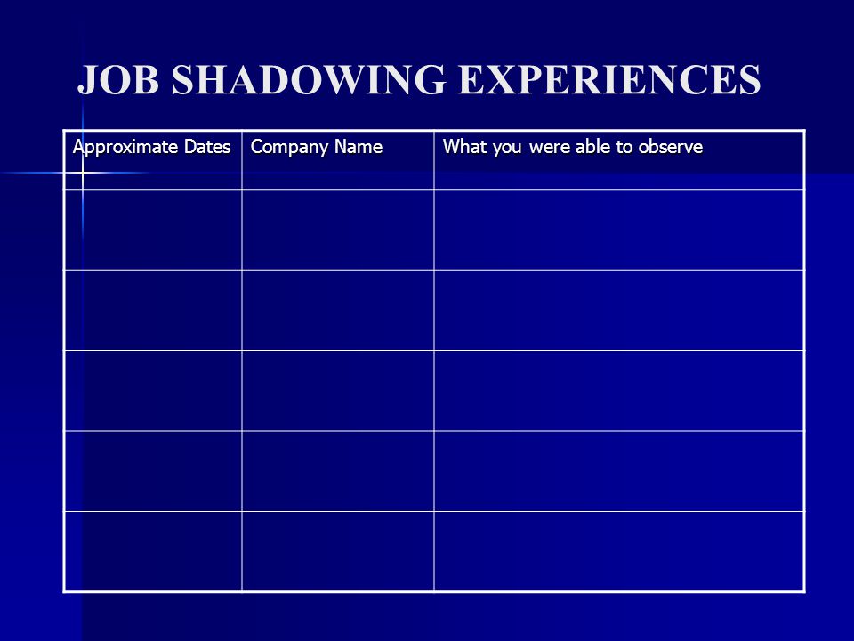 JOB SHADOWING EXPERIENCES Approximate Dates Company Name What you were able to observe