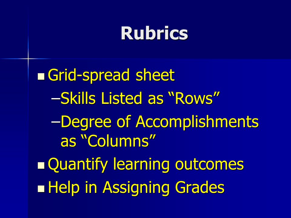 Rubrics Grid-spread sheet Grid-spread sheet –Skills Listed as Rows –Degree of Accomplishments as Columns Quantify learning outcomes Quantify learning outcomes Help in Assigning Grades Help in Assigning Grades