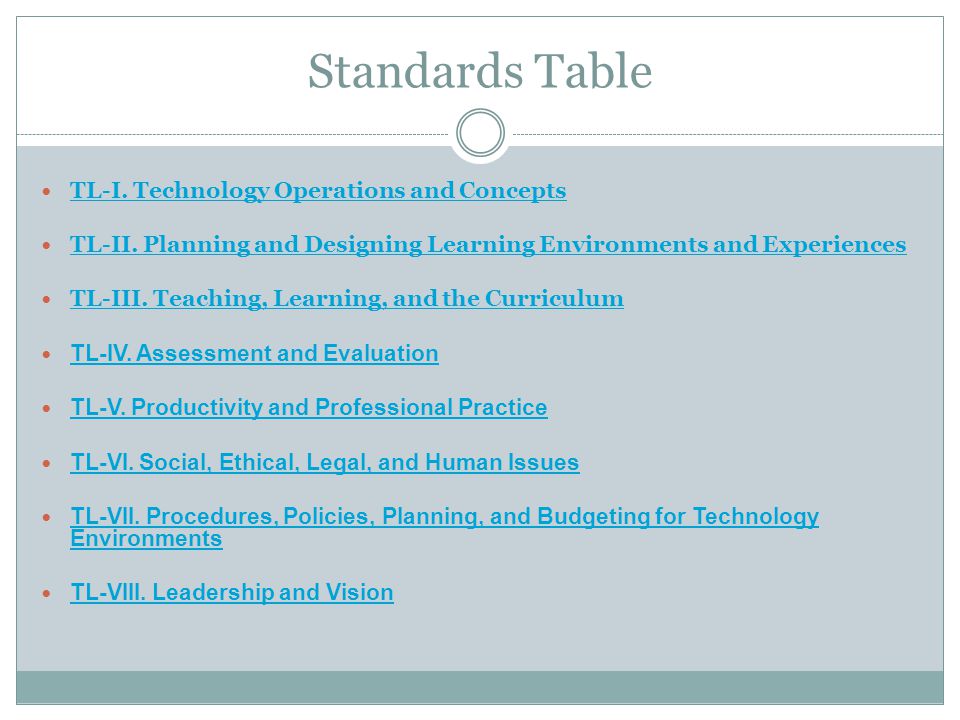 Standards Table TL-I. Technology Operations and Concepts TL-II.