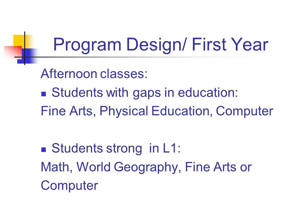 Program Design/ First Year Afternoon classes: Students with gaps in education: Fine Arts, Physical Education, Computer Students strong in L1: Math, World Geography, Fine Arts or Computer
