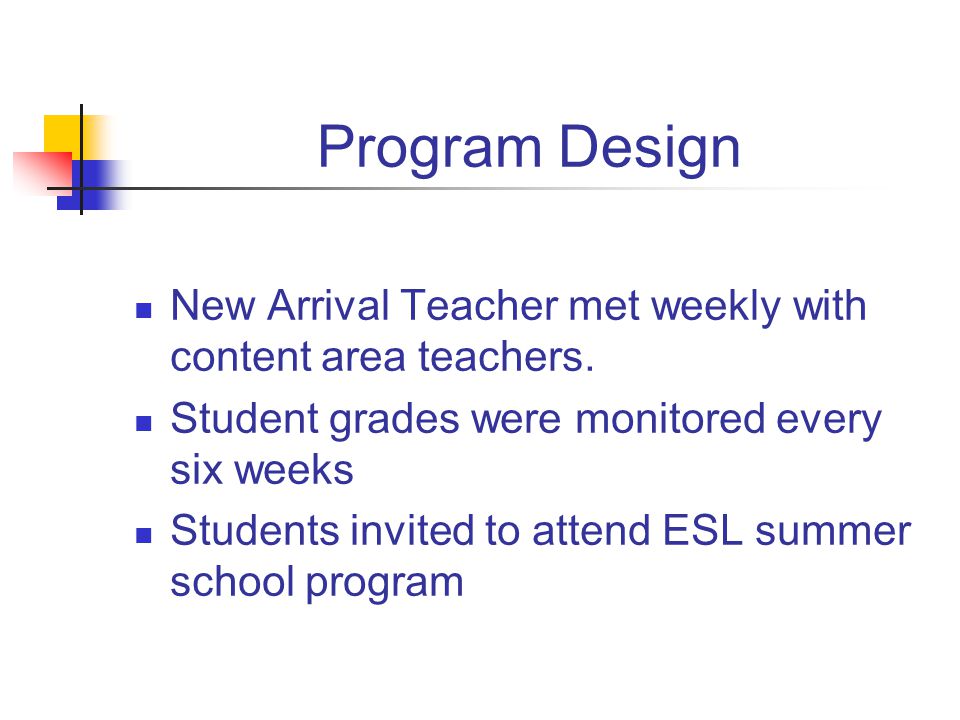 Program Design New Arrival Teacher met weekly with content area teachers.