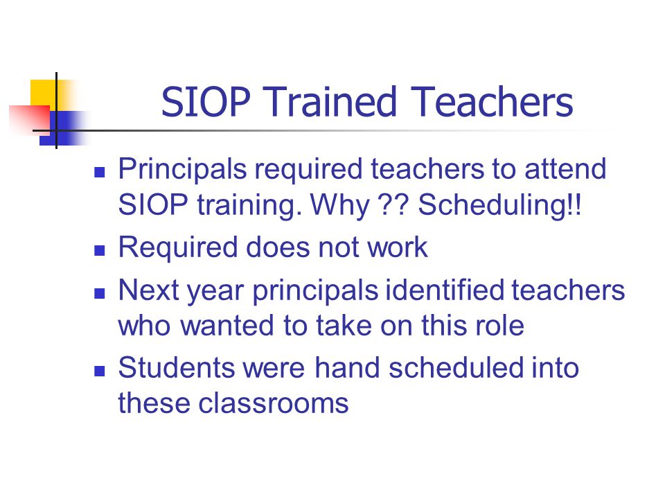SIOP Trained Teachers Principals required teachers to attend SIOP training.
