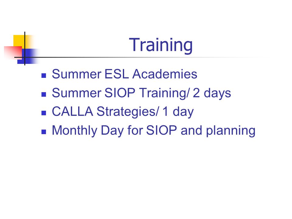 Training Summer ESL Academies Summer SIOP Training/ 2 days CALLA Strategies/ 1 day Monthly Day for SIOP and planning