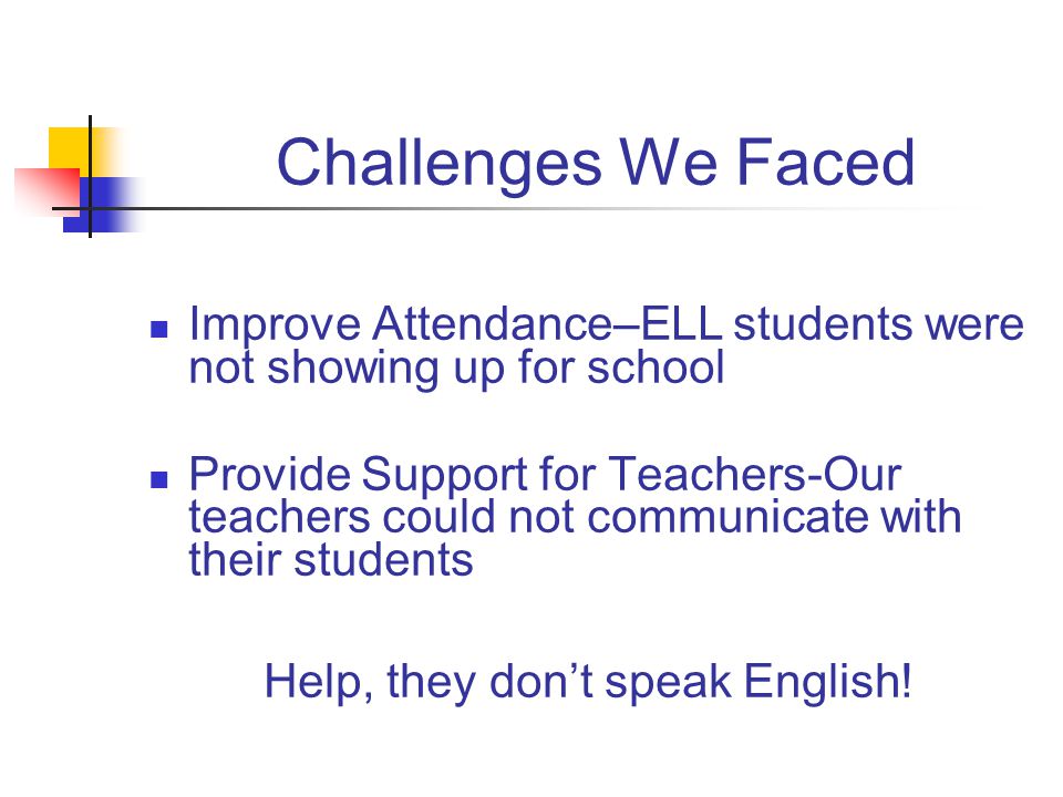 Challenges We Faced Improve Attendance–ELL students were not showing up for school Provide Support for Teachers-Our teachers could not communicate with their students Help, they don’t speak English!