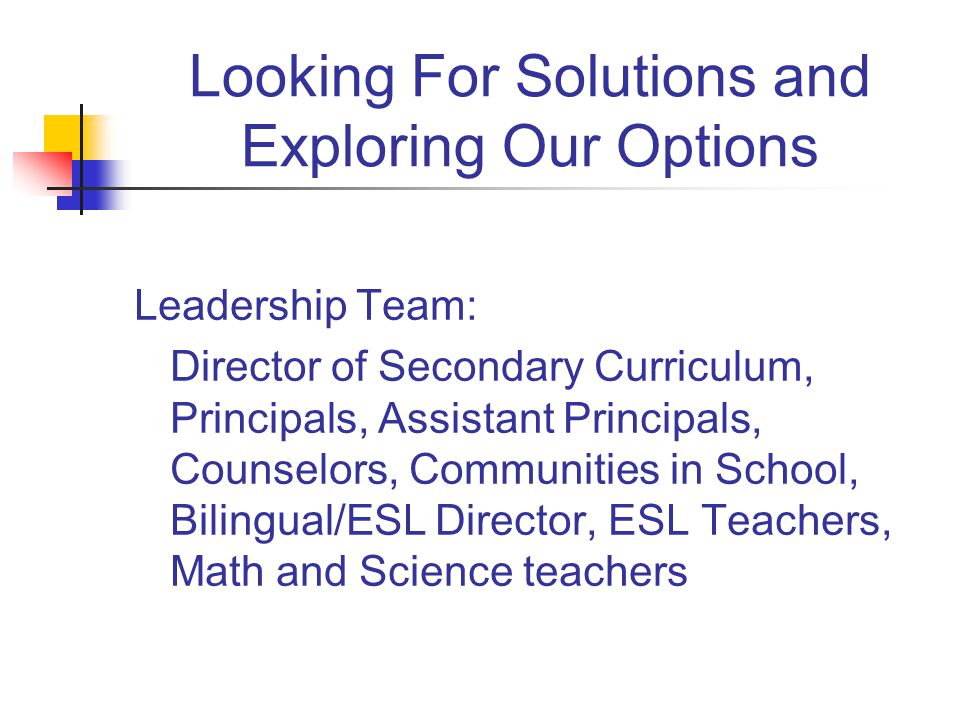 Looking For Solutions and Exploring Our Options Leadership Team: Director of Secondary Curriculum, Principals, Assistant Principals, Counselors, Communities in School, Bilingual/ESL Director, ESL Teachers, Math and Science teachers
