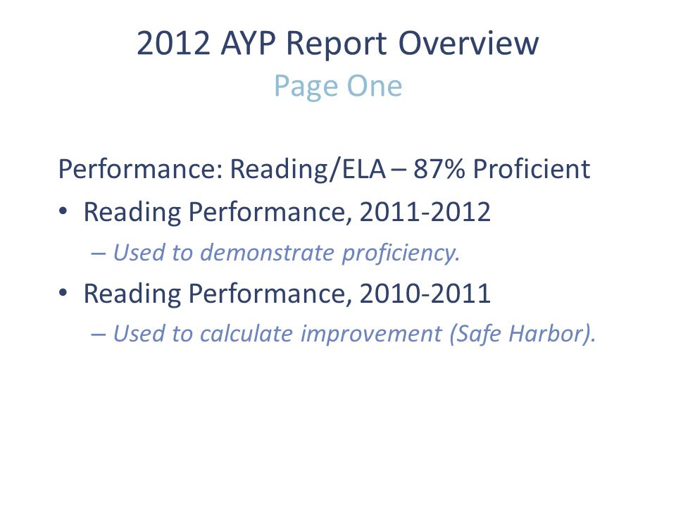 2012 AYP Report Overview Page One Performance: Reading/ELA – 87% Proficient Reading Performance, – Used to demonstrate proficiency.