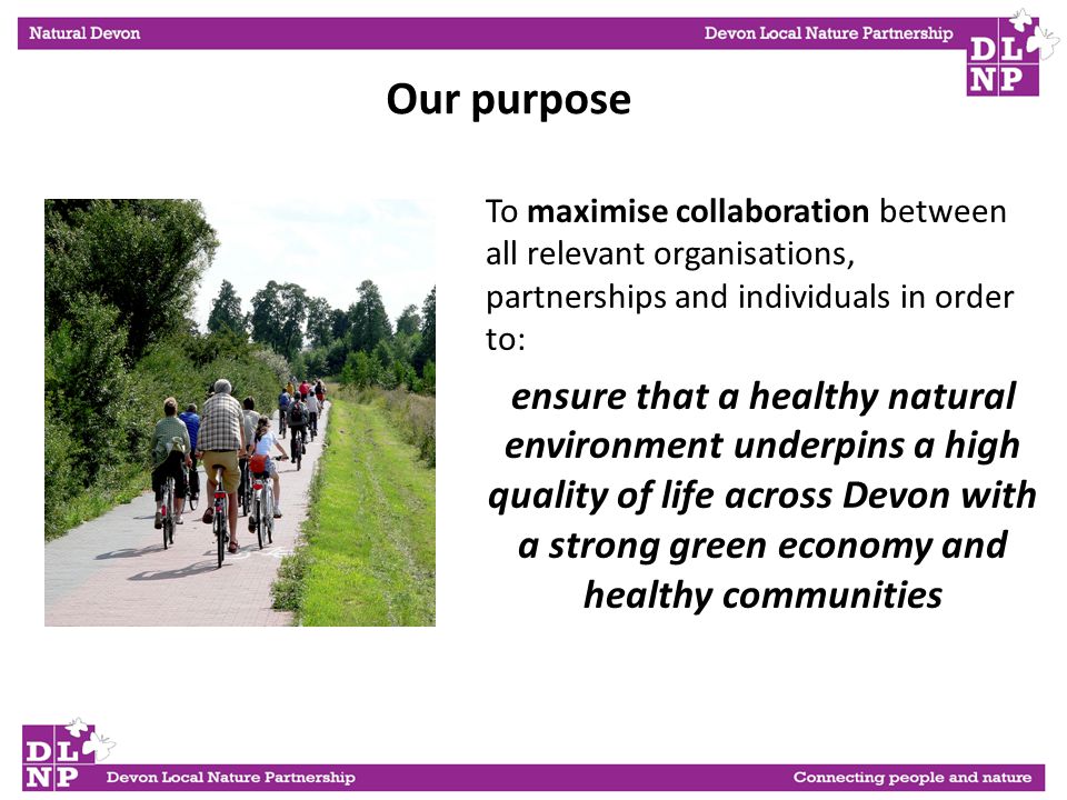 To maximise collaboration between all relevant organisations, partnerships and individuals in order to: ensure that a healthy natural environment underpins a high quality of life across Devon with a strong green economy and healthy communities Our purpose