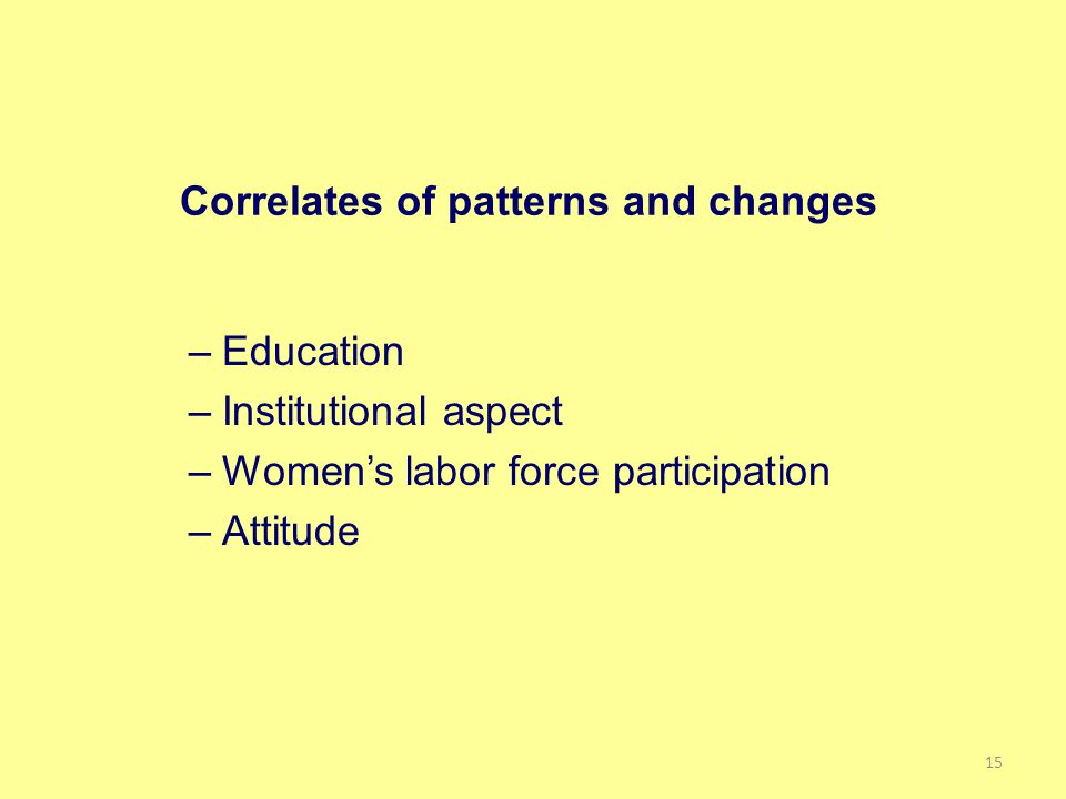 Correlates of patterns and changes –Education –Institutional aspect –Women’s labor force participation –Attitude 15