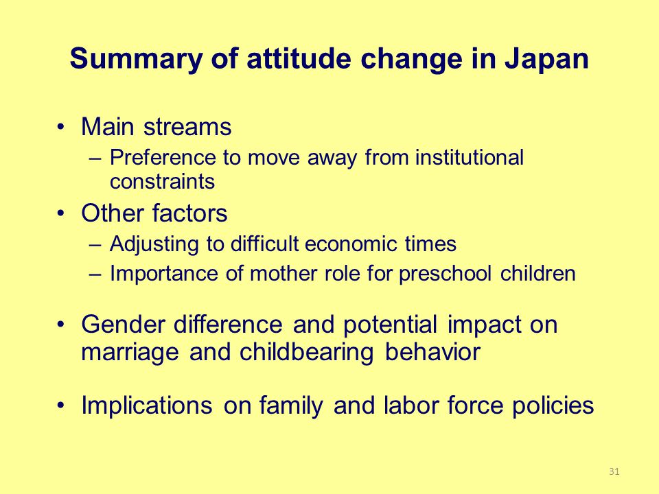 Summary of attitude change in Japan Main streams –Preference to move away from institutional constraints Other factors –Adjusting to difficult economic times –Importance of mother role for preschool children Gender difference and potential impact on marriage and childbearing behavior Implications on family and labor force policies 31