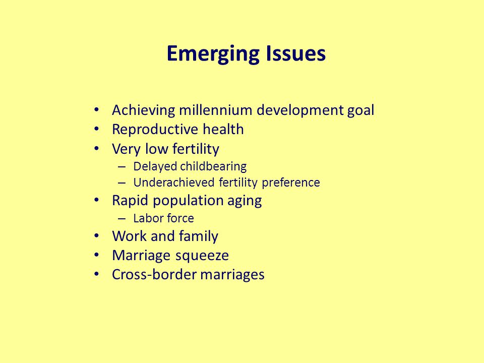 Emerging Issues Achieving millennium development goal Reproductive health Very low fertility – Delayed childbearing – Underachieved fertility preference Rapid population aging – Labor force Work and family Marriage squeeze Cross-border marriages