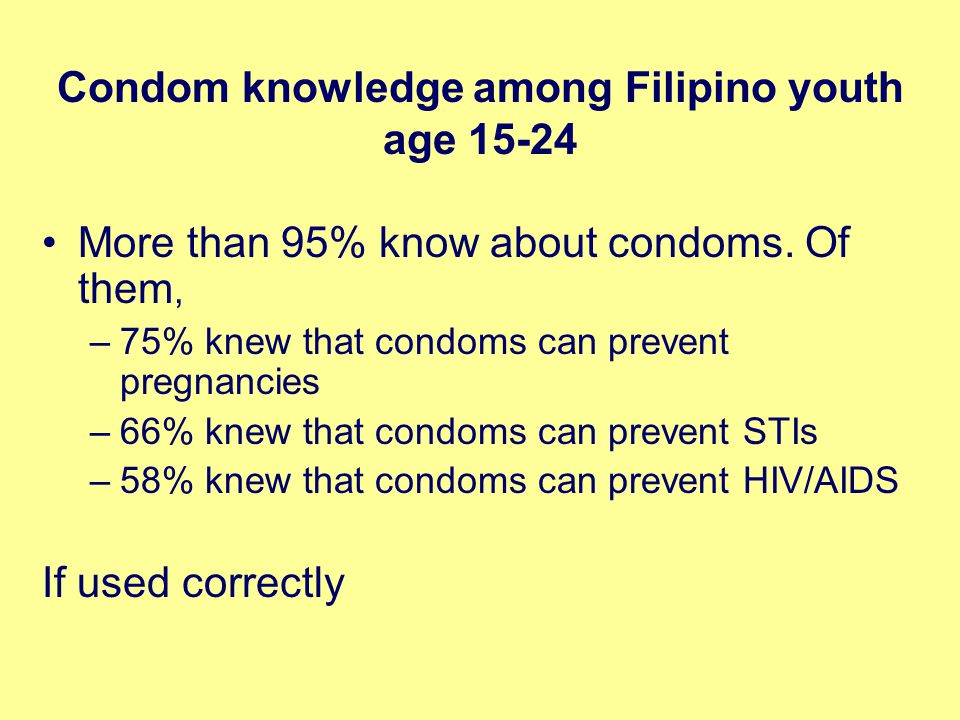 Condom knowledge among Filipino youth age More than 95% know about condoms.