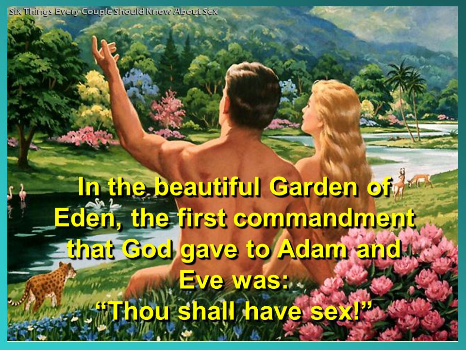 In the beautiful Garden of Eden, the first commandment that God gave to Adam and Eve was: Thou shall have sex! In the beautiful Garden of Eden, the first commandment that God gave to Adam and Eve was: Thou shall have sex! Six Things Every Couple Should Know About Sex