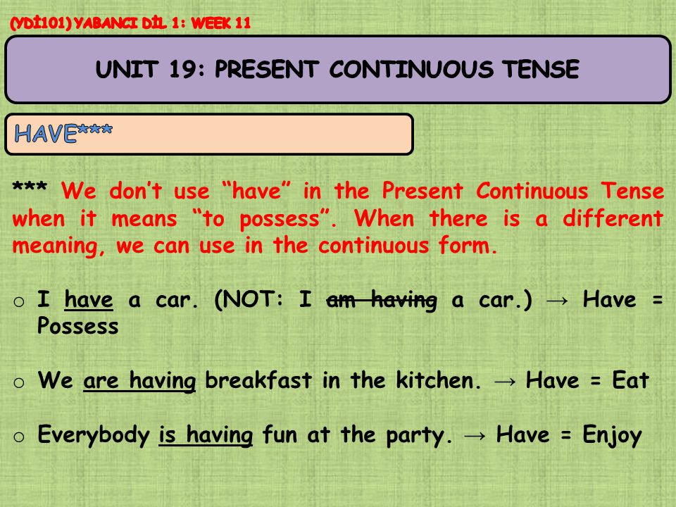 *** We don’t use have in the Present Continuous Tense when it means to possess .