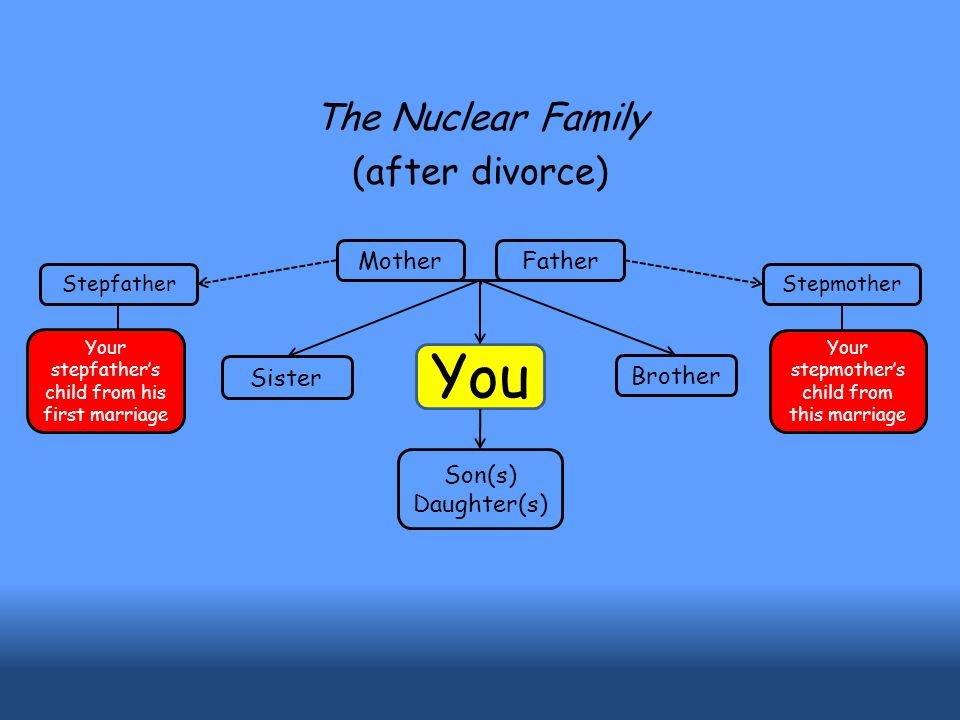 You Brother Son(s) Daughter(s) Mother Father Sister The Nuclear Family (after divorce) StepmotherStepfather Your stepfather’s child from his first marriage Your stepmother’s child from this marriage