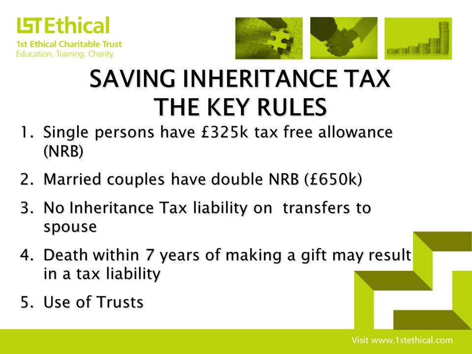 USING A LIFE INTEREST TRUST Distribution - All to life interest trust, with wife as the life tenant Overriding powers to favour other beneficiaries Tax bill = zero (spouse exemption) Tax saving = £150,000
