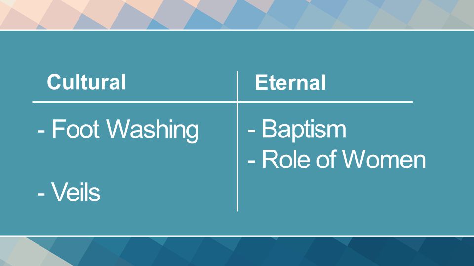 - Foot Washing - Veils Cultural Eternal - Baptism - Role of Women