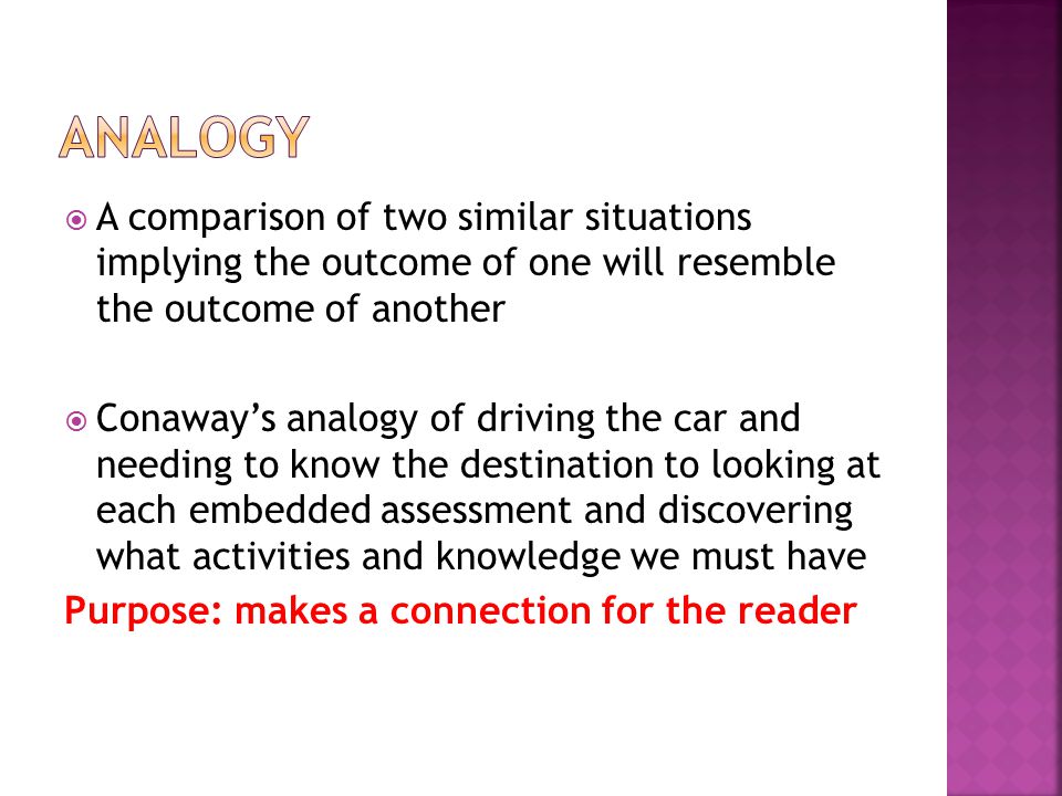  A comparison of two similar situations implying the outcome of one will resemble the outcome of another  Conaway’s analogy of driving the car and needing to know the destination to looking at each embedded assessment and discovering what activities and knowledge we must have Purpose: makes a connection for the reader