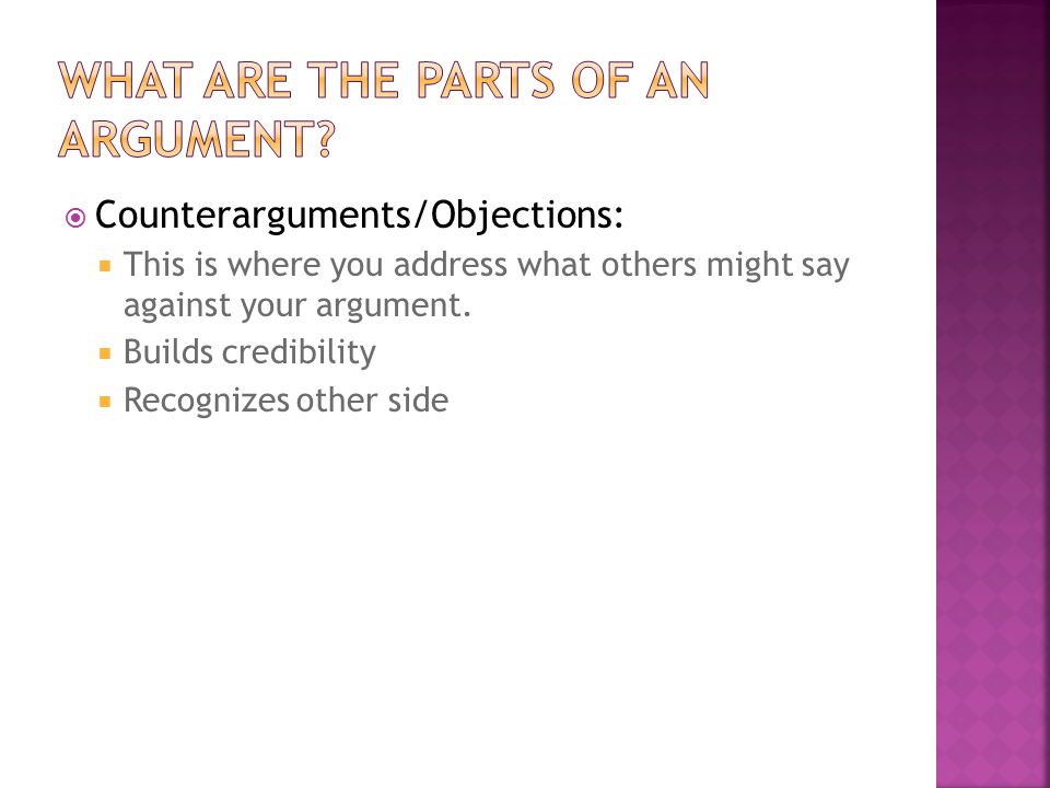  Counterarguments/Objections:  This is where you address what others might say against your argument.