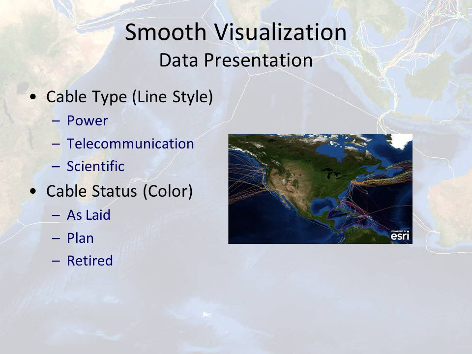 Smooth Visualization Data Presentation Cable Type (Line Style) –Power –Telecommunication –Scientific Cable Status (Color) –As Laid –Plan –Retired