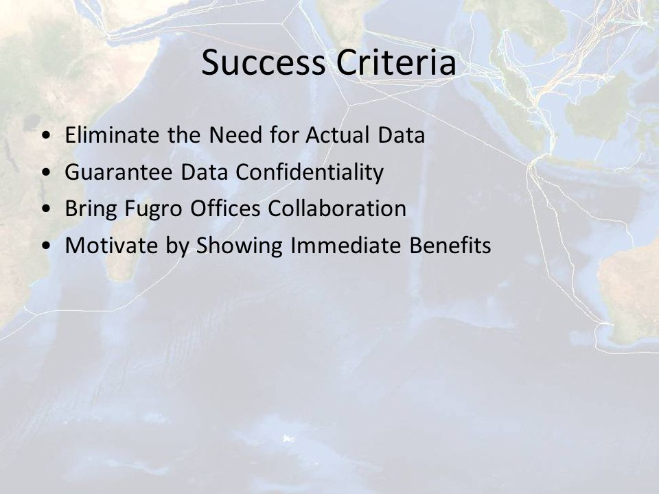 Success Criteria Eliminate the Need for Actual Data Guarantee Data Confidentiality Bring Fugro Offices Collaboration Motivate by Showing Immediate Benefits
