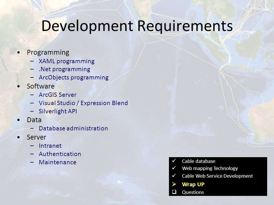 Development Requirements Programming –XAML programming –.Net programming –ArcObjects programming Software –ArcGIS Server –Visual Studio / Expression Blend –Silverlight API Data –Database administration Server –Intranet –Authentication –Maintenance Cable database Web mapping Technology Cable Web Service Development  Wrap UP  Questions