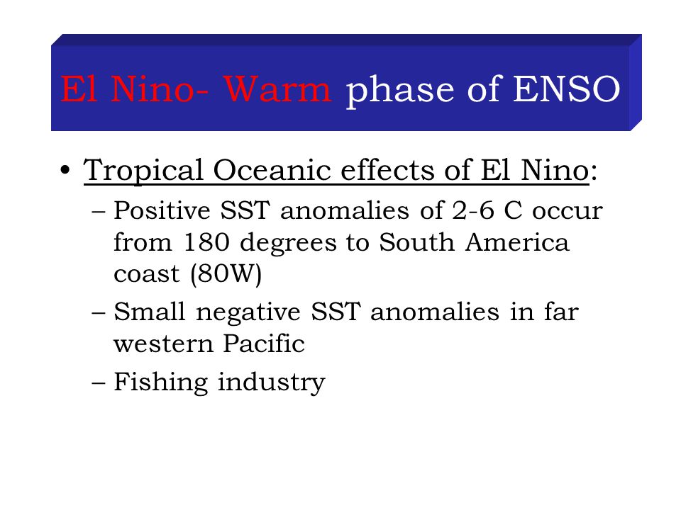 El Nino- Warm phase of ENSO Tropical Oceanic effects of El Nino: –Positive SST anomalies of 2-6 C occur from 180 degrees to South America coast (80W) –Small negative SST anomalies in far western Pacific –Fishing industry