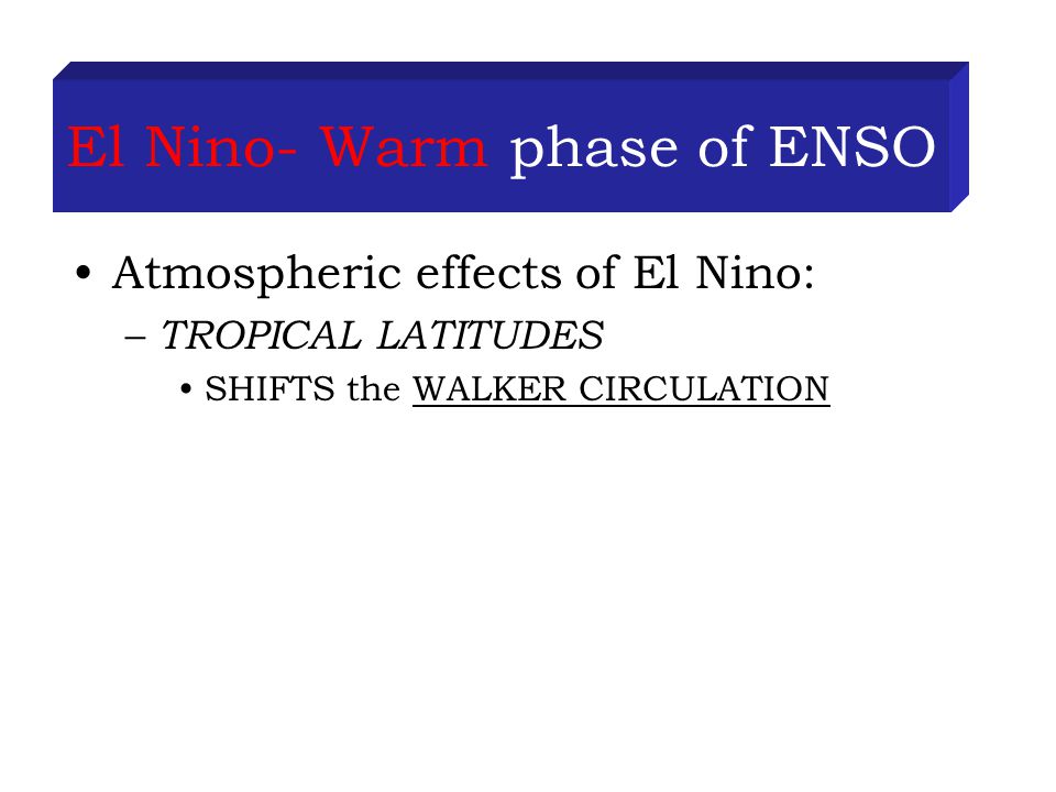El Nino- Warm phase of ENSO Atmospheric effects of El Nino: – TROPICAL LATITUDES SHIFTS the WALKER CIRCULATION