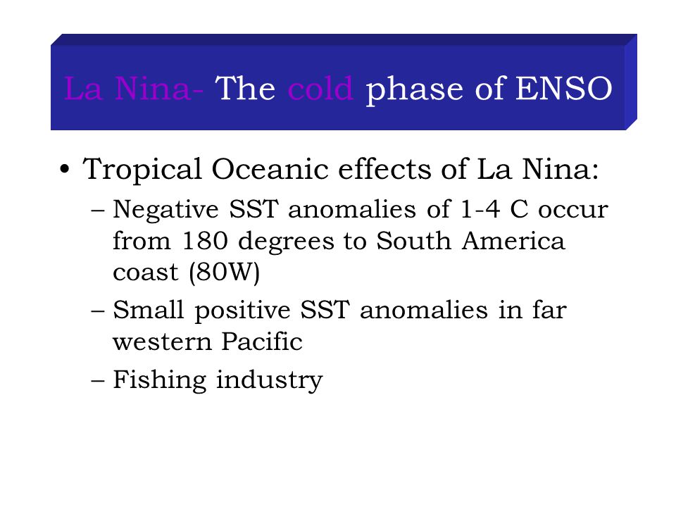 La Nina- The cold phase of ENSO Tropical Oceanic effects of La Nina: –Negative SST anomalies of 1-4 C occur from 180 degrees to South America coast (80W) –Small positive SST anomalies in far western Pacific –Fishing industry