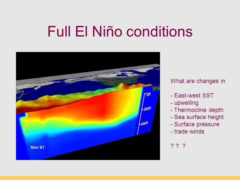 Full El Niño conditions What are changes in - East-west SST - upwelling - Thermocline depth - Sea surface height - Surface pressure - trade winds .
