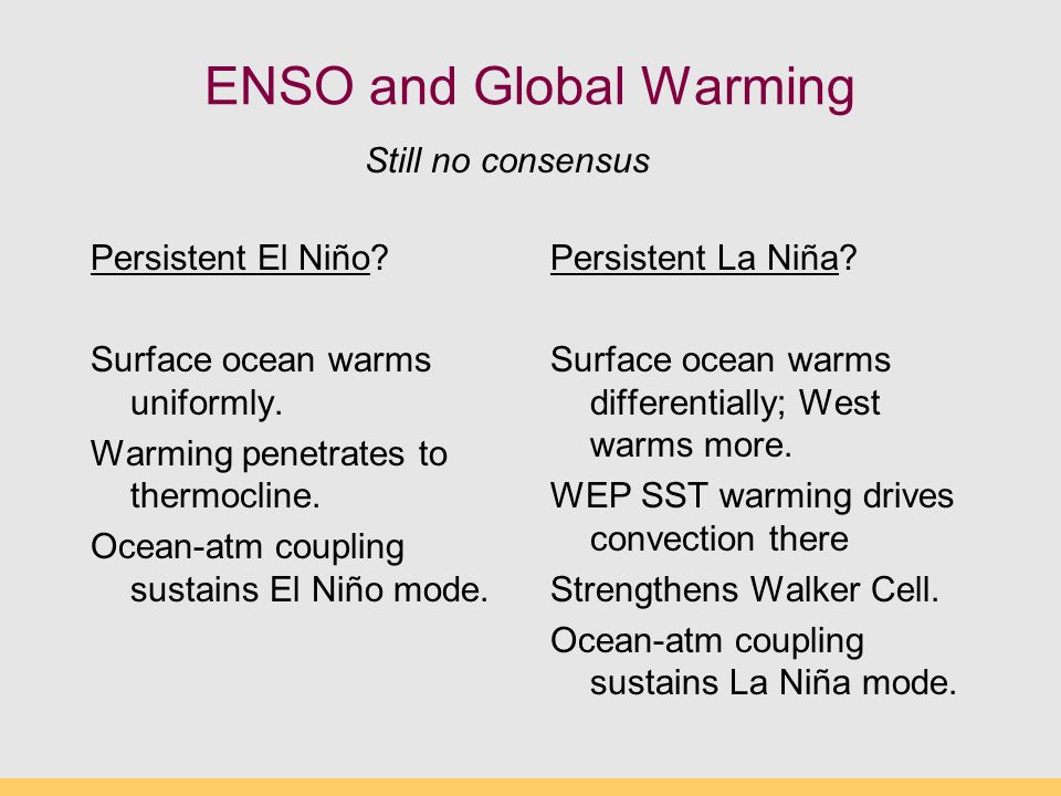 ENSO and Global Warming Persistent El Niño. Surface ocean warms uniformly.