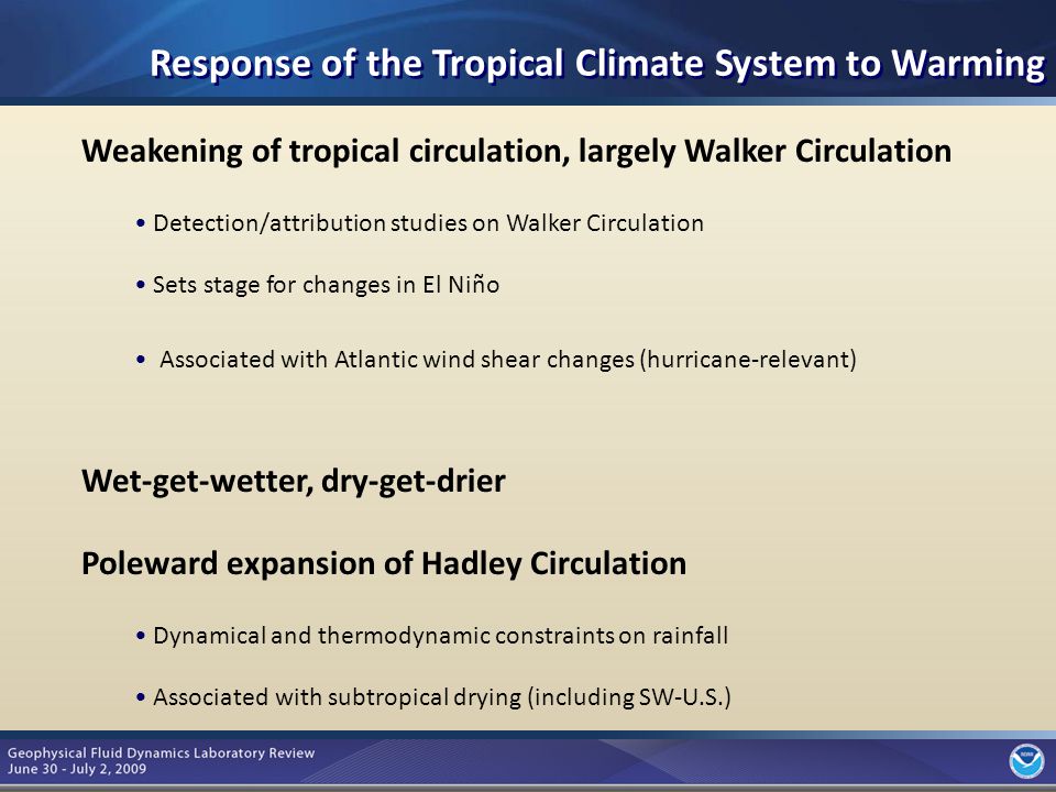 10 Response of the Tropical Climate System to Warming Weakening of tropical circulation, largely Walker Circulation Detection/attribution studies on Walker Circulation Sets stage for changes in El Niño Associated with Atlantic wind shear changes (hurricane-relevant) Wet-get-wetter, dry-get-drier Poleward expansion of Hadley Circulation Dynamical and thermodynamic constraints on rainfall Associated with subtropical drying (including SW-U.S.)