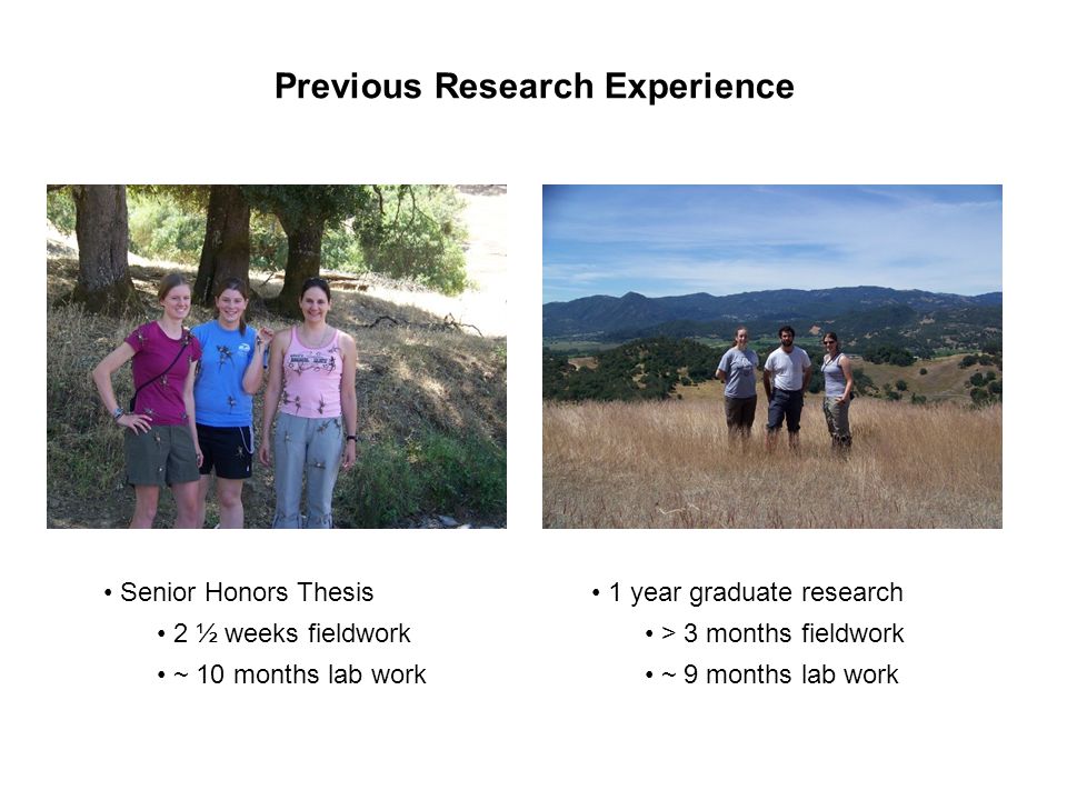Previous Research Experience Senior Honors Thesis 2 ½ weeks fieldwork ~ 10 months lab work 1 year graduate research > 3 months fieldwork ~ 9 months lab work