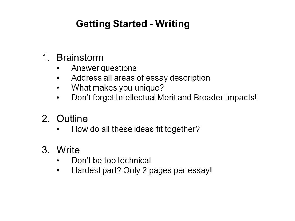 Getting Started - Writing 1.Brainstorm Answer questions Address all areas of essay description What makes you unique.