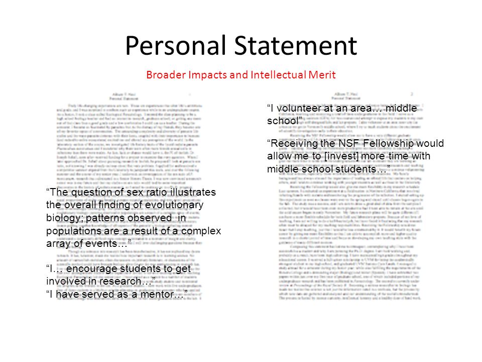 Personal Statement Broader Impacts and Intellectual Merit The question of sex ratio illustrates the overall finding of evolutionary biology; patterns observed in populations are a result of a complex array of events… I… encourage students to get involved in research… I have served as a mentor… I volunteer at an area… middle school Receiving the NSF Fellowship would allow me to [invest] more time with middle school students…