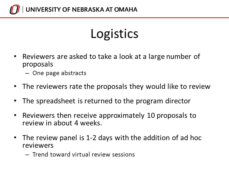 Logistics Reviewers are asked to take a look at a large number of proposals – One page abstracts The reviewers rate the proposals they would like to review The spreadsheet is returned to the program director Reviewers then receive approximately 10 proposals to review in about 4 weeks.
