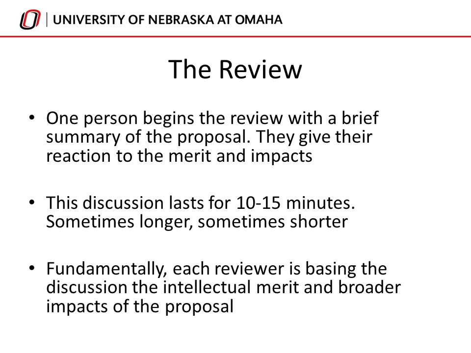 The Review One person begins the review with a brief summary of the proposal.