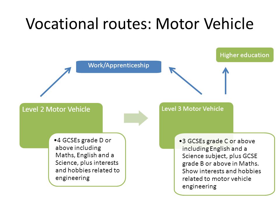 Level 2 Motor Vehicle Vocational routes: Motor Vehicle Level 3 Motor Vehicle 3 GCSEs grade C or above including English and a Science subject, plus GCSE grade B or above in Maths.