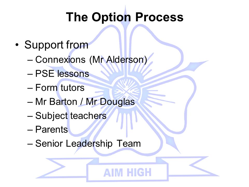The Option Process Support from –Connexions (Mr Alderson) –PSE lessons –Form tutors –Mr Barton / Mr Douglas –Subject teachers –Parents –Senior Leadership Team