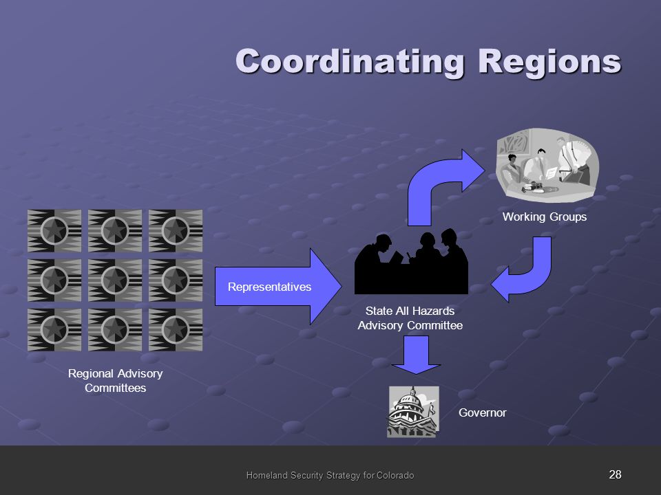 28 Homeland Security Strategy for Colorado Coordinating Regions Regional Advisory Committees Representatives State All Hazards Advisory Committee Working Groups Governor