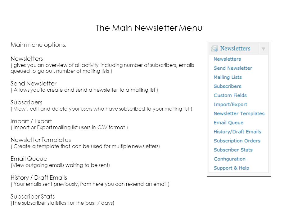 The Main Newsletter Menu Main menu options.