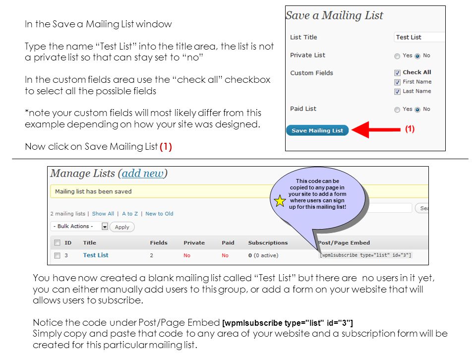 In the Save a Mailing List window Type the name Test List into the title area, the list is not a private list so that can stay set to no In the custom fields area use the check all checkbox to select all the possible fields *note your custom fields will most likely differ from this example depending on how your site was designed.